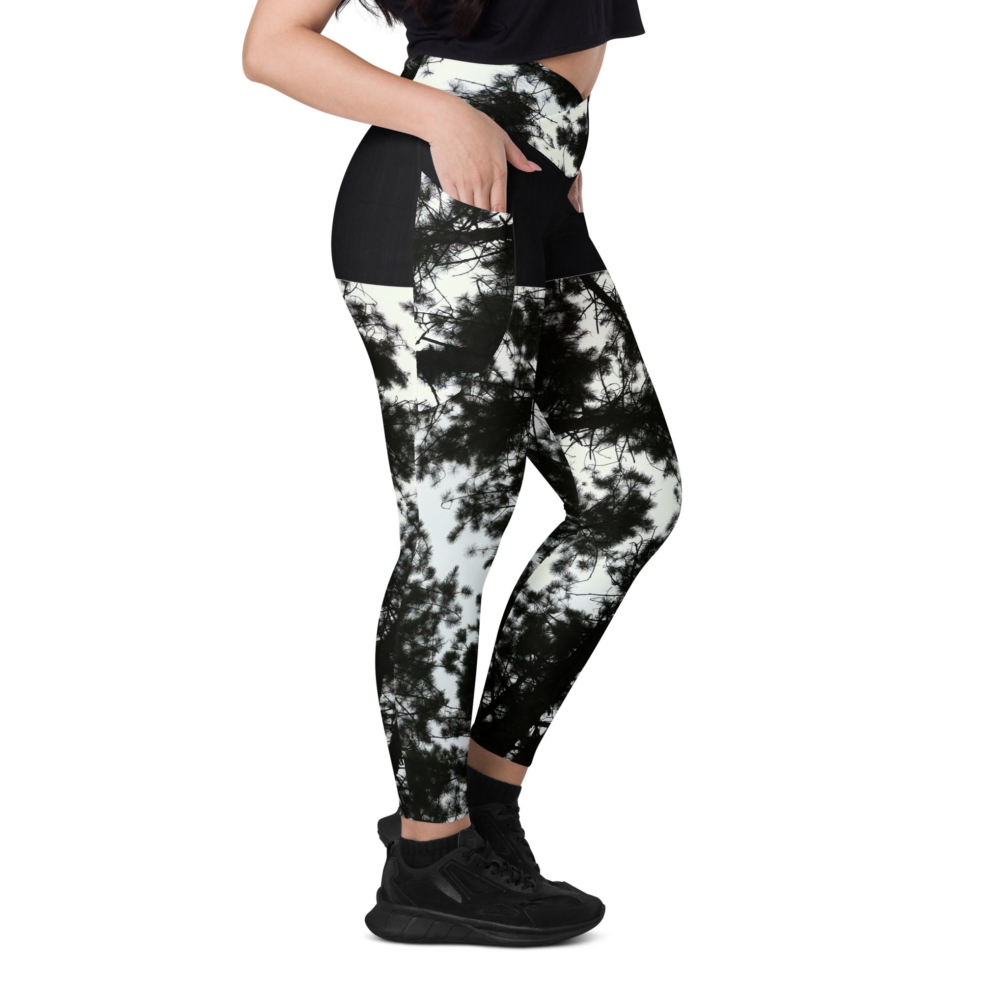 Workout or Dance Leggings with Pockets. Crossover Waist Yoga Pants- Black & White Leggings. WickedYo.